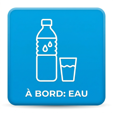 Bouteille d'eau et verre avec inscription "À bord : eau".