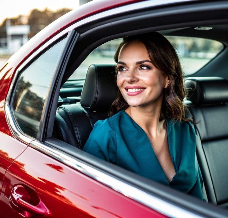 Femme souriante assise à l'arrière d'une voiture rouge, regardant par la fenêtre.