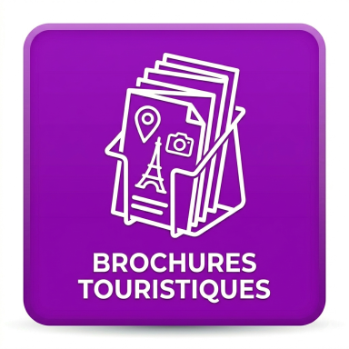 Icône représentant des brochures touristiques avec une vue d'une tour et des points d'intérêt.