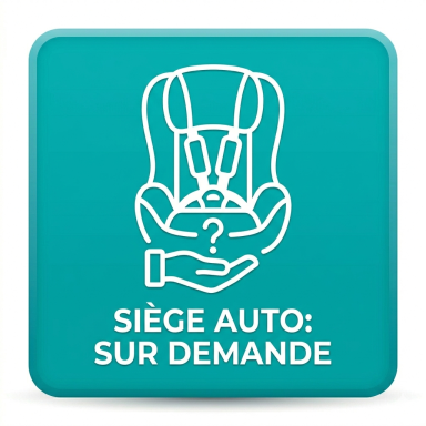 Siège auto proposé sur demande, avec une main tenant un point d'interrogation.