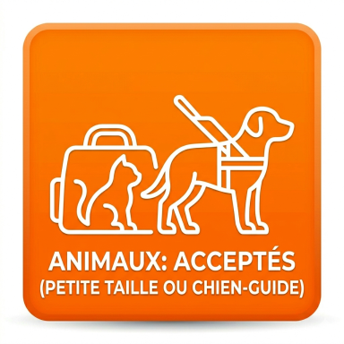 Icône orange avec un chien et un chat, indiquant l'acceptation des animaux de petite taille.
