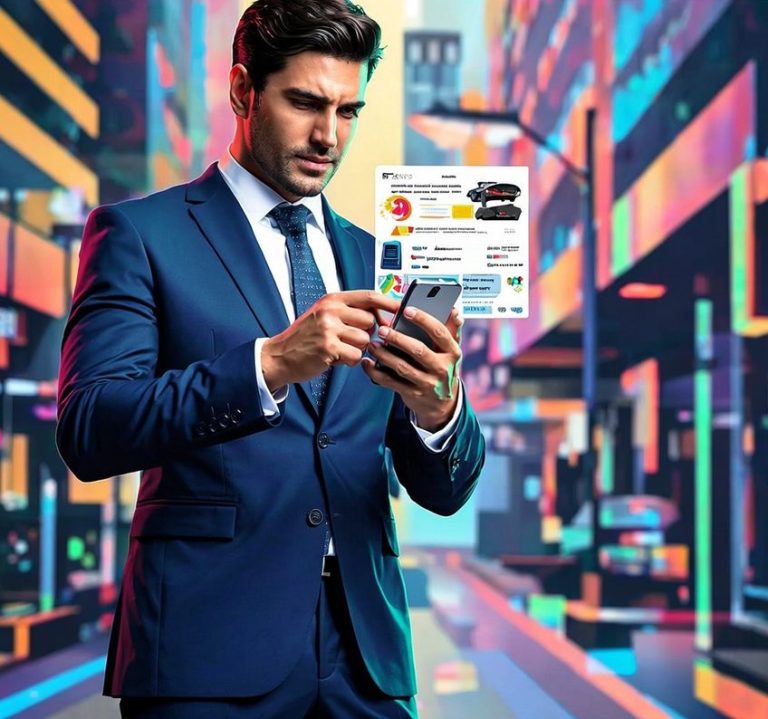 Homme en costume tenant un téléphone dans une rue urbaine animée et colorée.